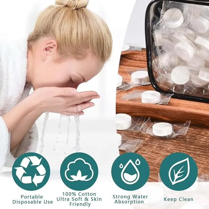 OBTANIM 100 PCS Compressed Towels Disposable Portable Mini Coin Tissue Hand Wipe Camping Face Towel Tablets with Waterproof Clear Plastic Storage Bag for Travel Camping Hiking Home Beauty