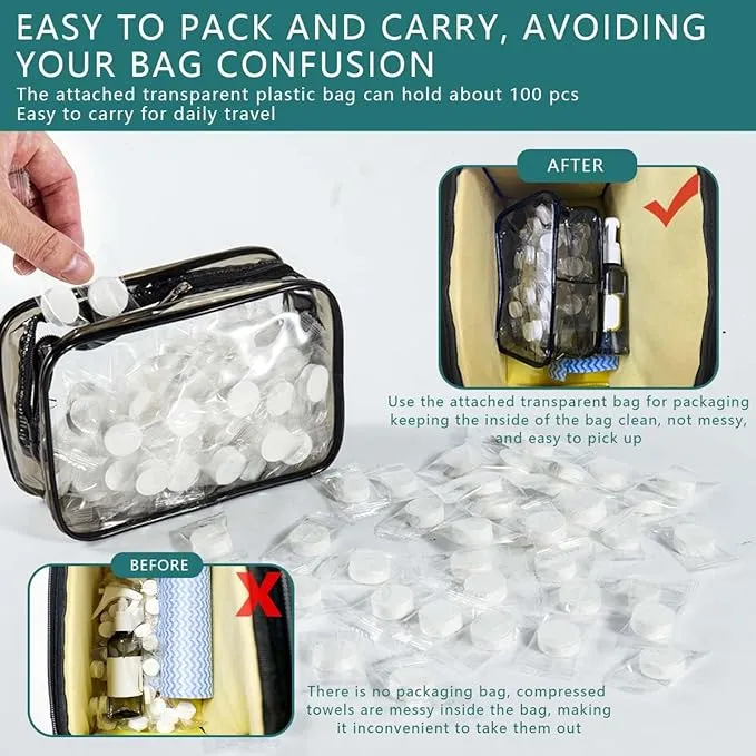 OBTANIM 200 PCS Compressed Towels Disposable Portable Mini Coin Tissue Hand Wipe Camping Face Towel Tablets with Waterproof Clear Plastic Storage Bag for Travel Camping Hiking Home Beauty