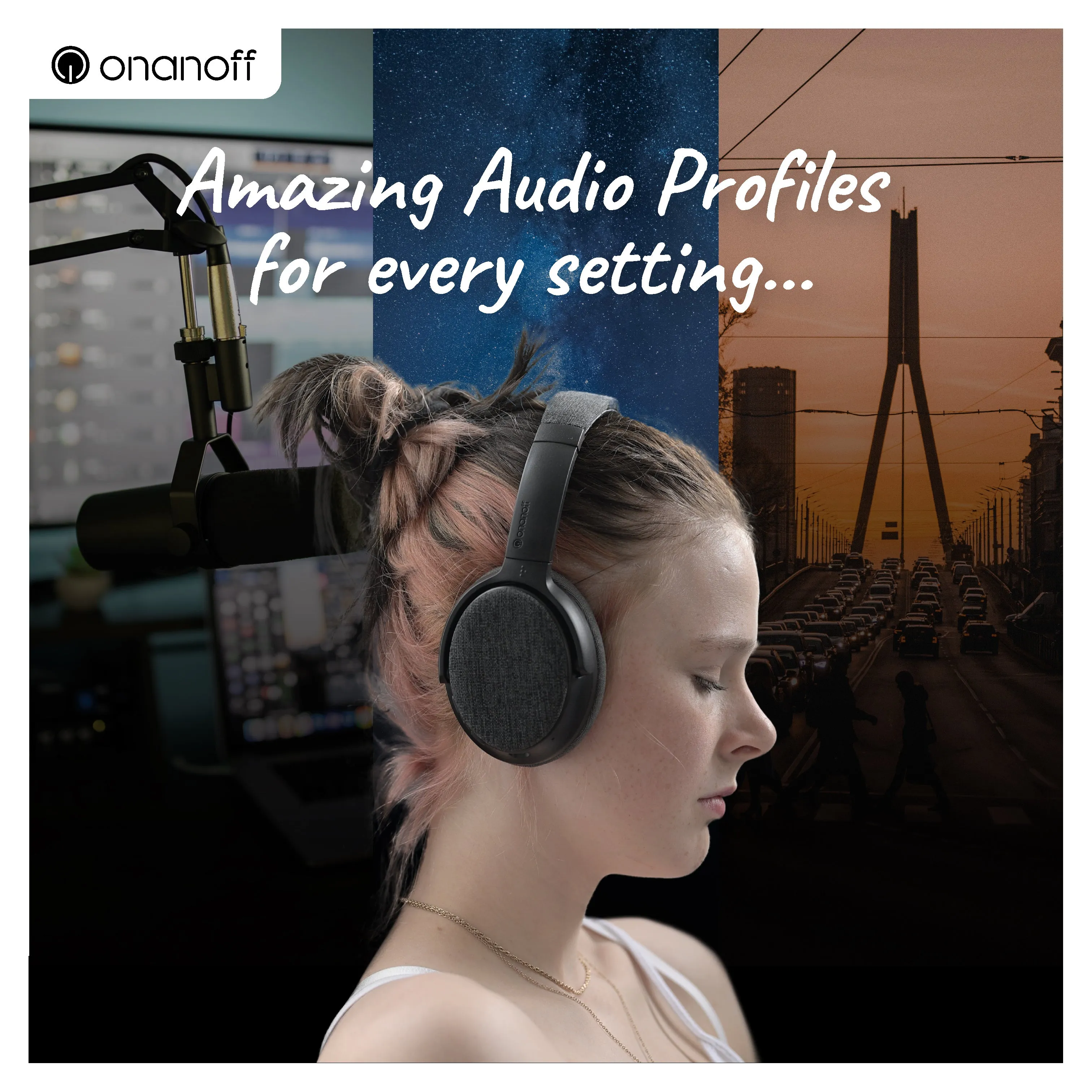 ONANOFF Fokus  Hybrid Active Noise Cancelling Headphones with Wireless Charging Stand