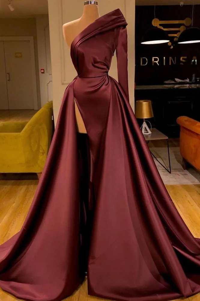 One Shoulder Satin Evening Party Gowns Detachable Train
