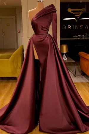 One Shoulder Satin Evening Party Gowns Detachable Train