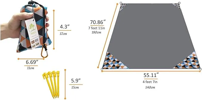 Outdoor Blanket (71" x 55") -Compact, Lightweight, Sand Proof Pocket Blanket Best Mat for The Beach, Hiking, Travel, Camping, Festivals with Pockets, Loops, Stakes, Carabiner