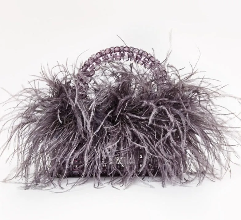 Pearl Beaded Ostrich Feather Designer Clear Acrylic Crystal Stone Handbag