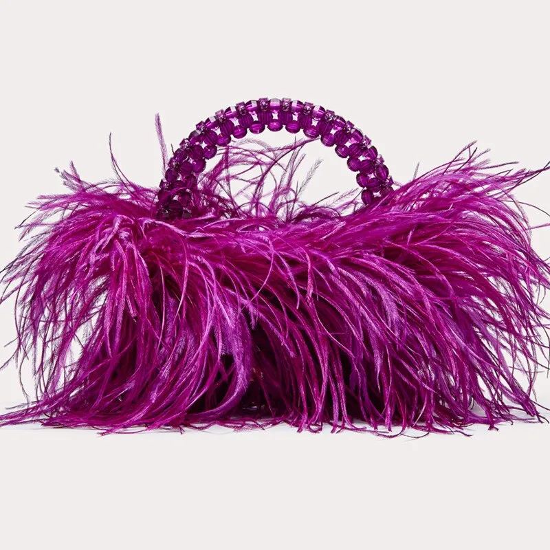 Pearl Beaded Ostrich Feather Designer Clear Acrylic Crystal Stone Handbag