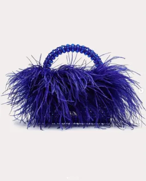 Pearl Beaded Ostrich Feather Designer Clear Acrylic Crystal Stone Handbag