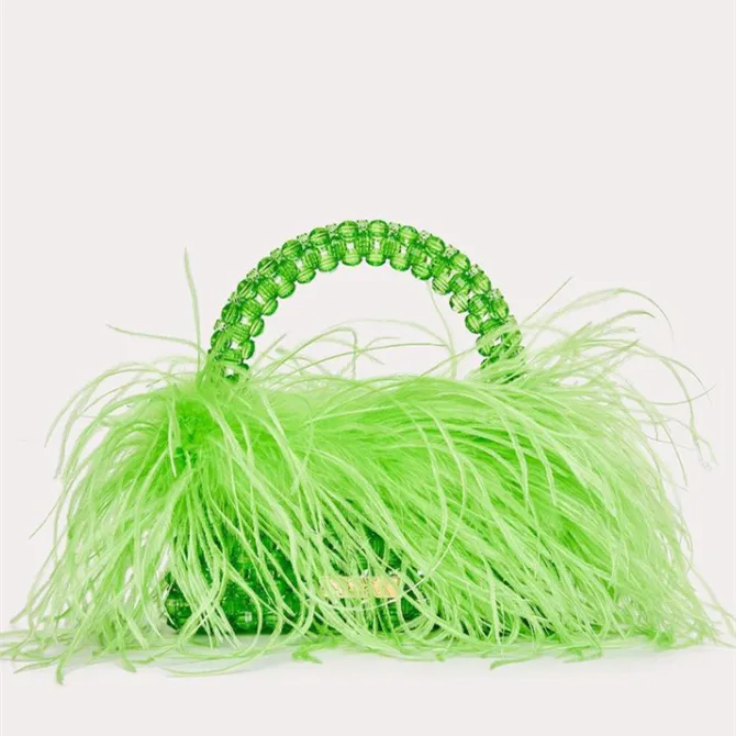 Pearl Beaded Ostrich Feather Designer Clear Acrylic Crystal Stone Handbag