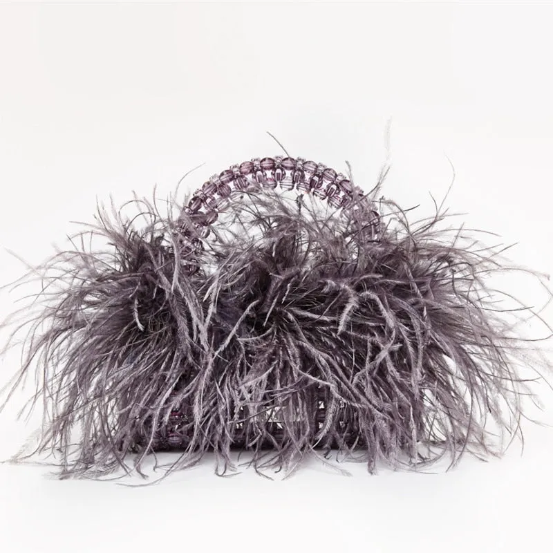 Pearl Beaded Ostrich Feather Designer Clear Acrylic Crystal Stone Handbag