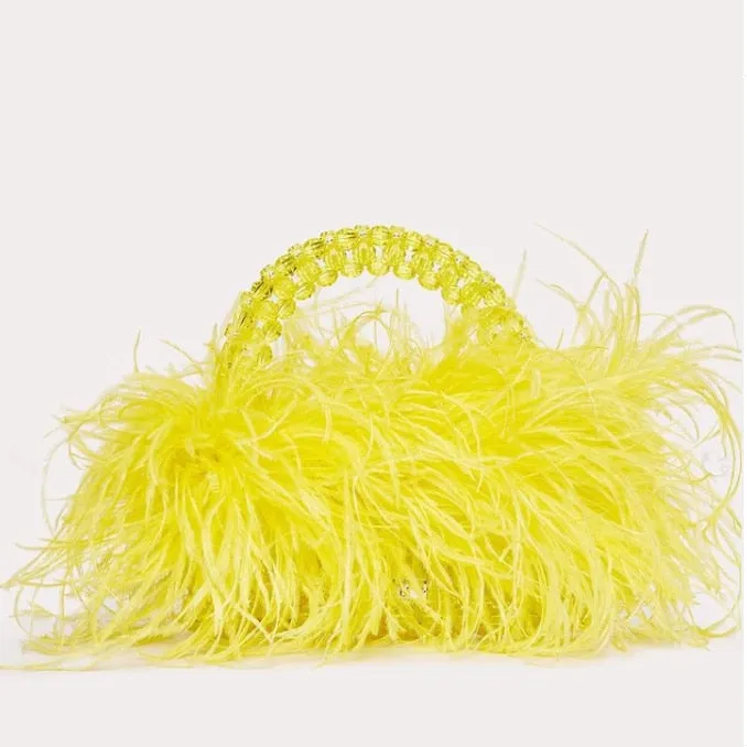 Pearl Beaded Ostrich Feather Designer Clear Acrylic Crystal Stone Handbag