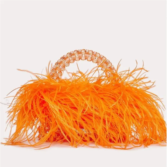 Pearl Beaded Ostrich Feather Designer Clear Acrylic Crystal Stone Handbag
