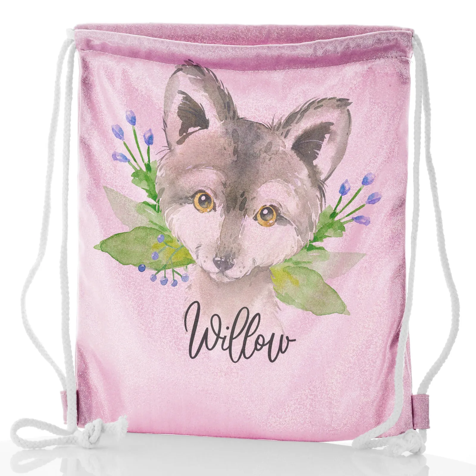 Personalised Glitter Drawstring Backpack with Grey Wolf Blue Flowers and Cute Text