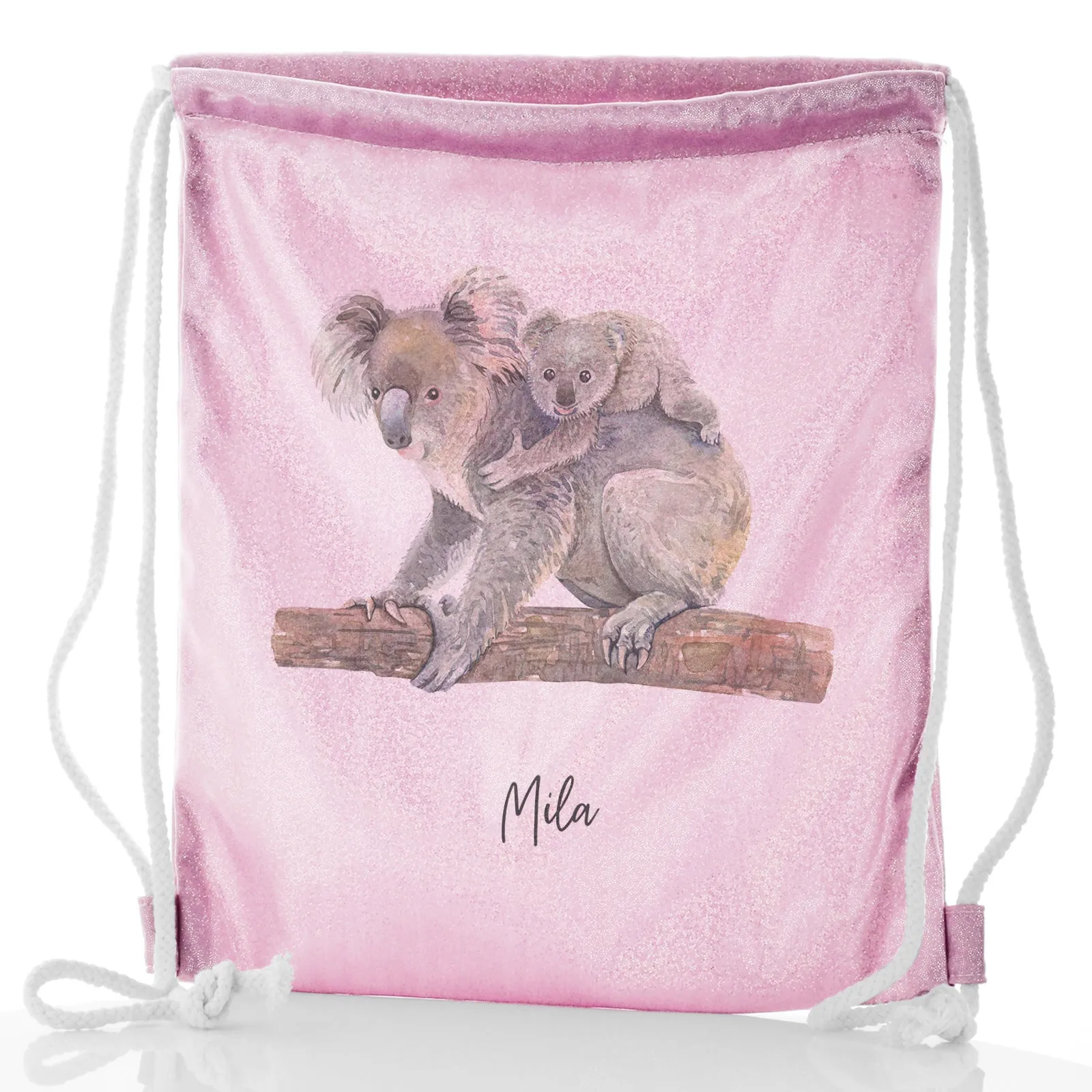 Personalised Glitter Drawstring Backpack with Welcoming Text and Embracing Mum and Baby Koalas