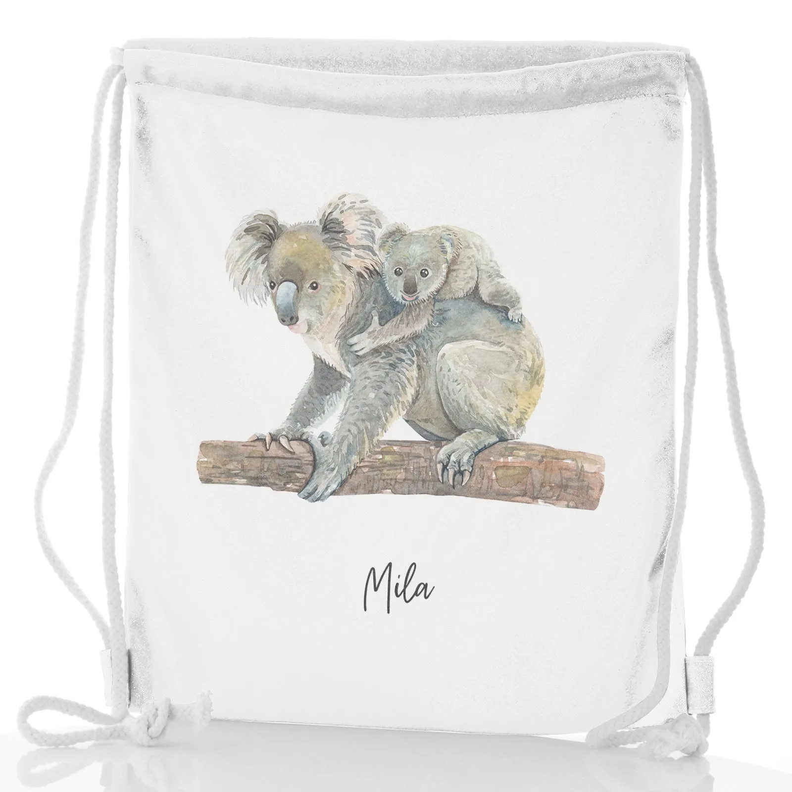 Personalised Glitter Drawstring Backpack with Welcoming Text and Embracing Mum and Baby Koalas