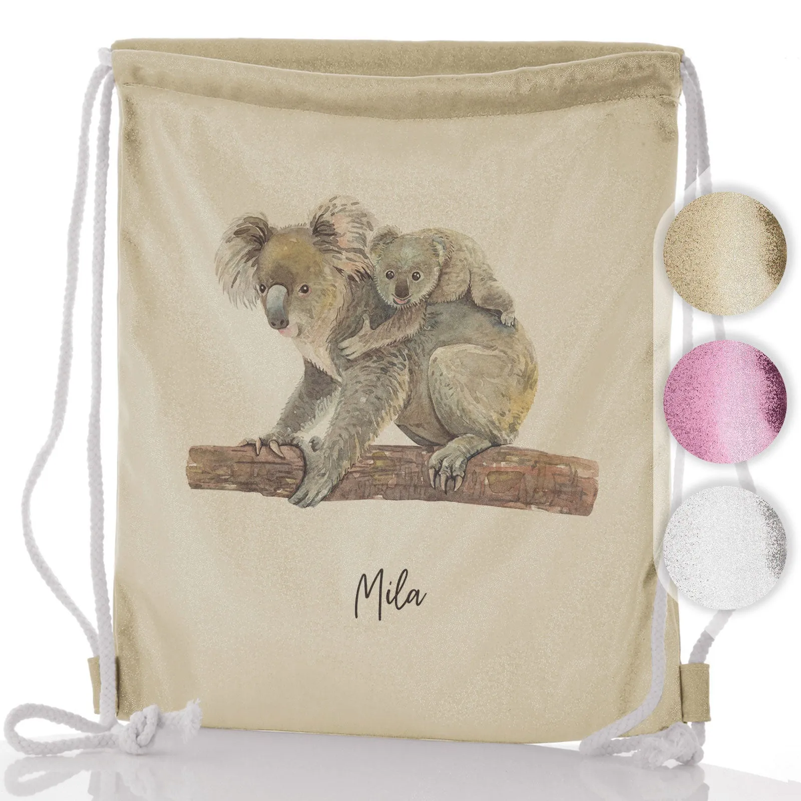 Personalised Glitter Drawstring Backpack with Welcoming Text and Embracing Mum and Baby Koalas