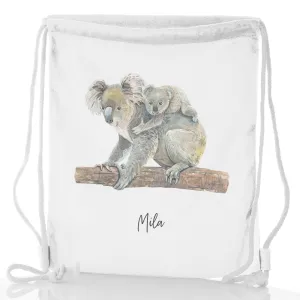 Personalised Glitter Drawstring Backpack with Welcoming Text and Embracing Mum and Baby Koalas