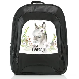 Personalised Rucksack with Grey Donkey Pink and White Flowers and Cute Text