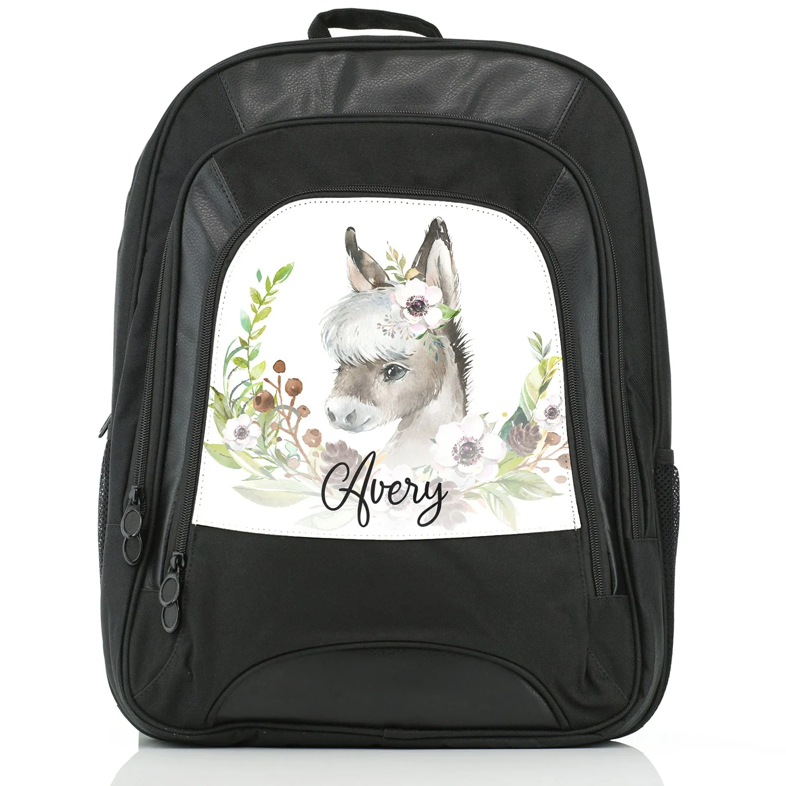 Personalised Rucksack with Grey Donkey Pink and White Flowers and Cute Text