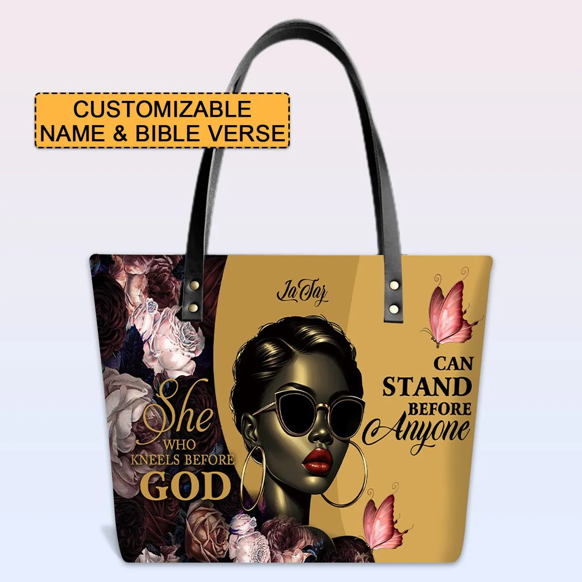 Personalized Leather Tote Bag with Bible Verses – She Who Kneels Before God Can Stand Before Anyone - Elegant & Empowering | CHRISTIANARTBAG Leather TOTE Bag