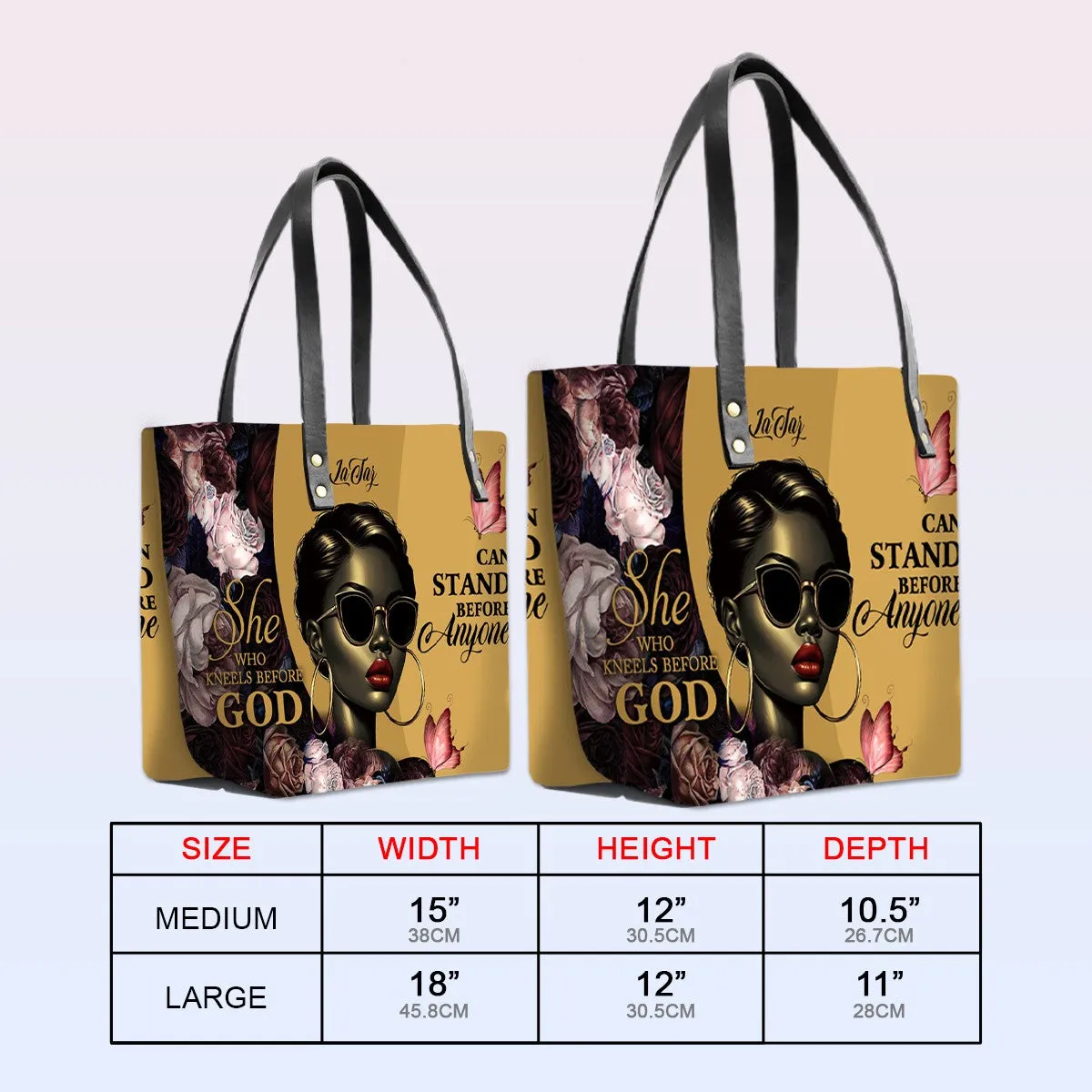 Personalized Leather Tote Bag with Bible Verses – She Who Kneels Before God Can Stand Before Anyone - Elegant & Empowering | CHRISTIANARTBAG Leather TOTE Bag