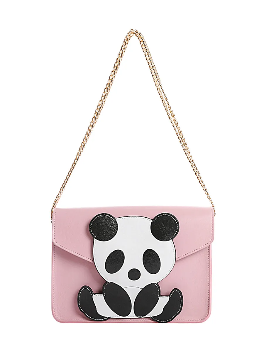 Pink Leather Shoulder Bag with Detachable Panda Purse