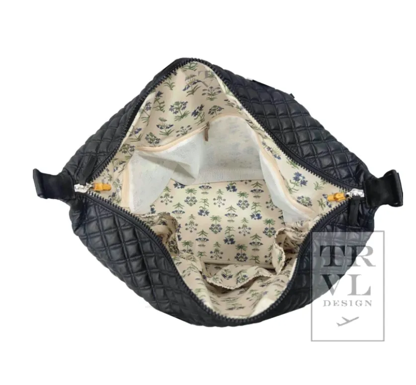 Quilted Black Overpacker Weekender Duffel Bag - Provence Lining