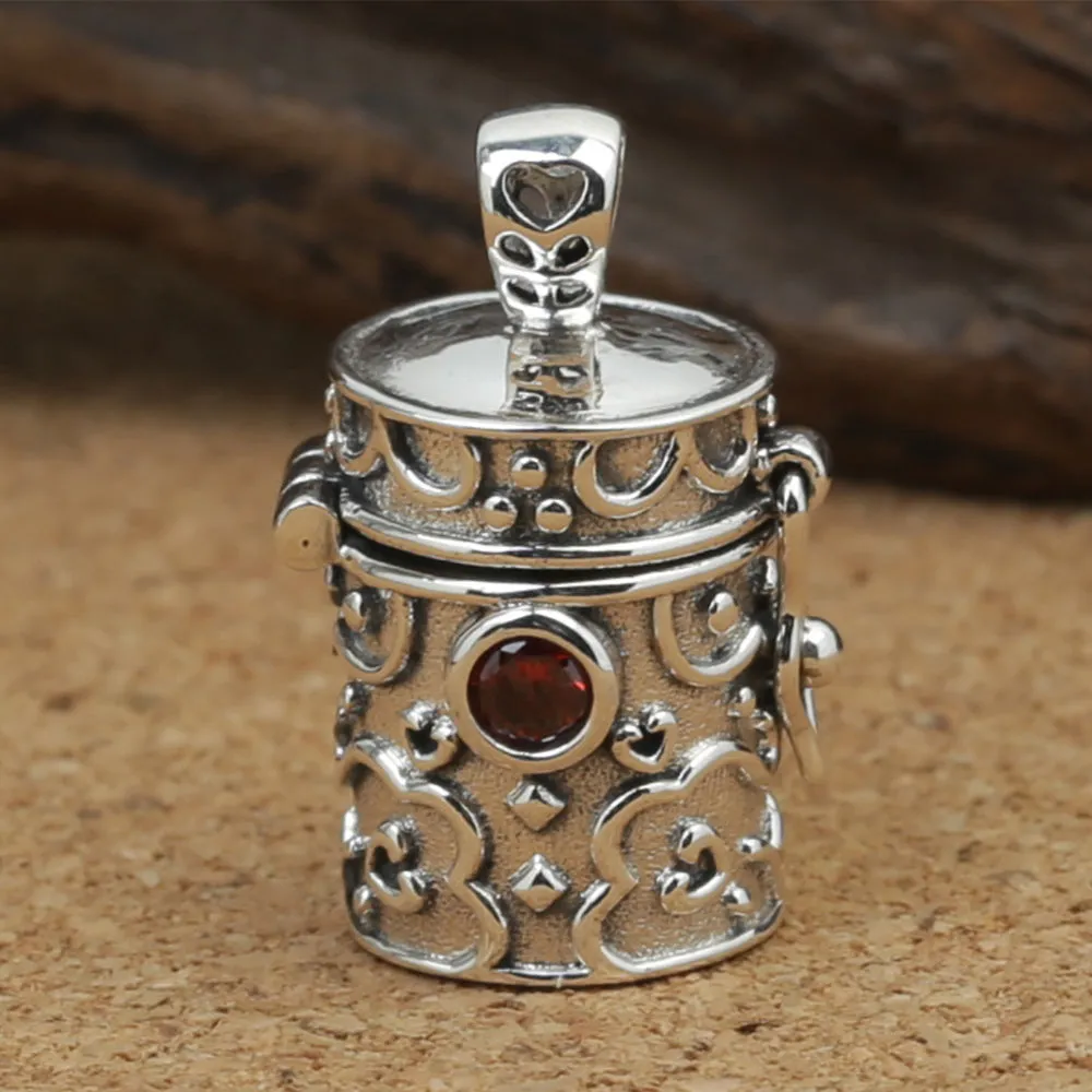 Real Solid 925 Sterling Silver Garnet Pendants Can Open Box Bucket Sachet Heart Fashion Jewelry