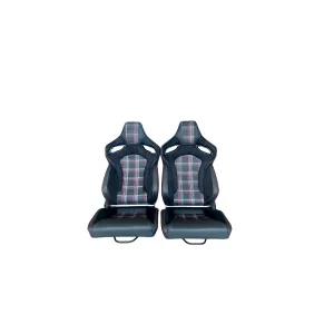 Reclinable Racing Seats - GTI Style Tartan Design Black Suede   PVC (Pair)