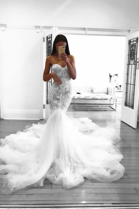 Romantic Sweetheart Lace White Sheer Wedding Dress Mermaid Bridal Gown