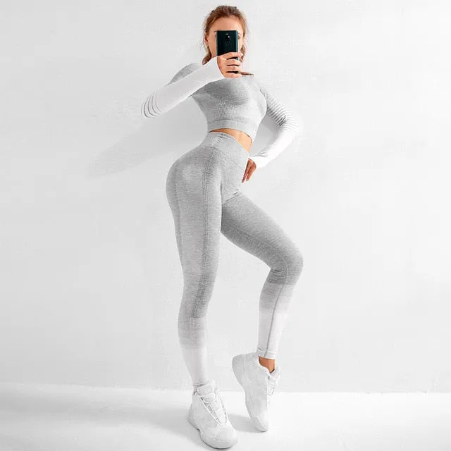 Seamless Female Yoga Set Long Sleeve Top High Waist Belly Control Sport Leggings Gym Clothes Seamless Sport Suit canbe alone buy