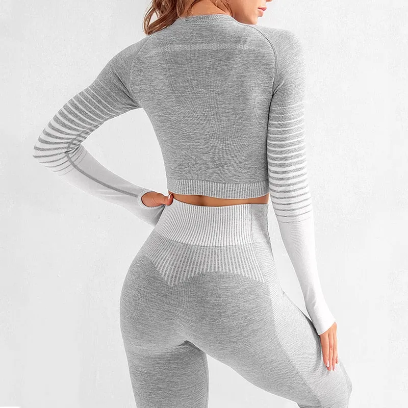 Seamless Female Yoga Set Long Sleeve Top High Waist Belly Control Sport Leggings Gym Clothes Seamless Sport Suit canbe alone buy