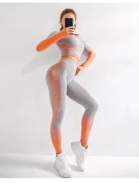 Seamless Female Yoga Set Long Sleeve Top High Waist Belly Control Sport Leggings Gym Clothes Seamless Sport Suit canbe alone buy