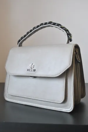 SILVER ECO LEATHER CROSSBODY / SATCHEL BAG WITH GUNMETAL CHAIN DETAILS