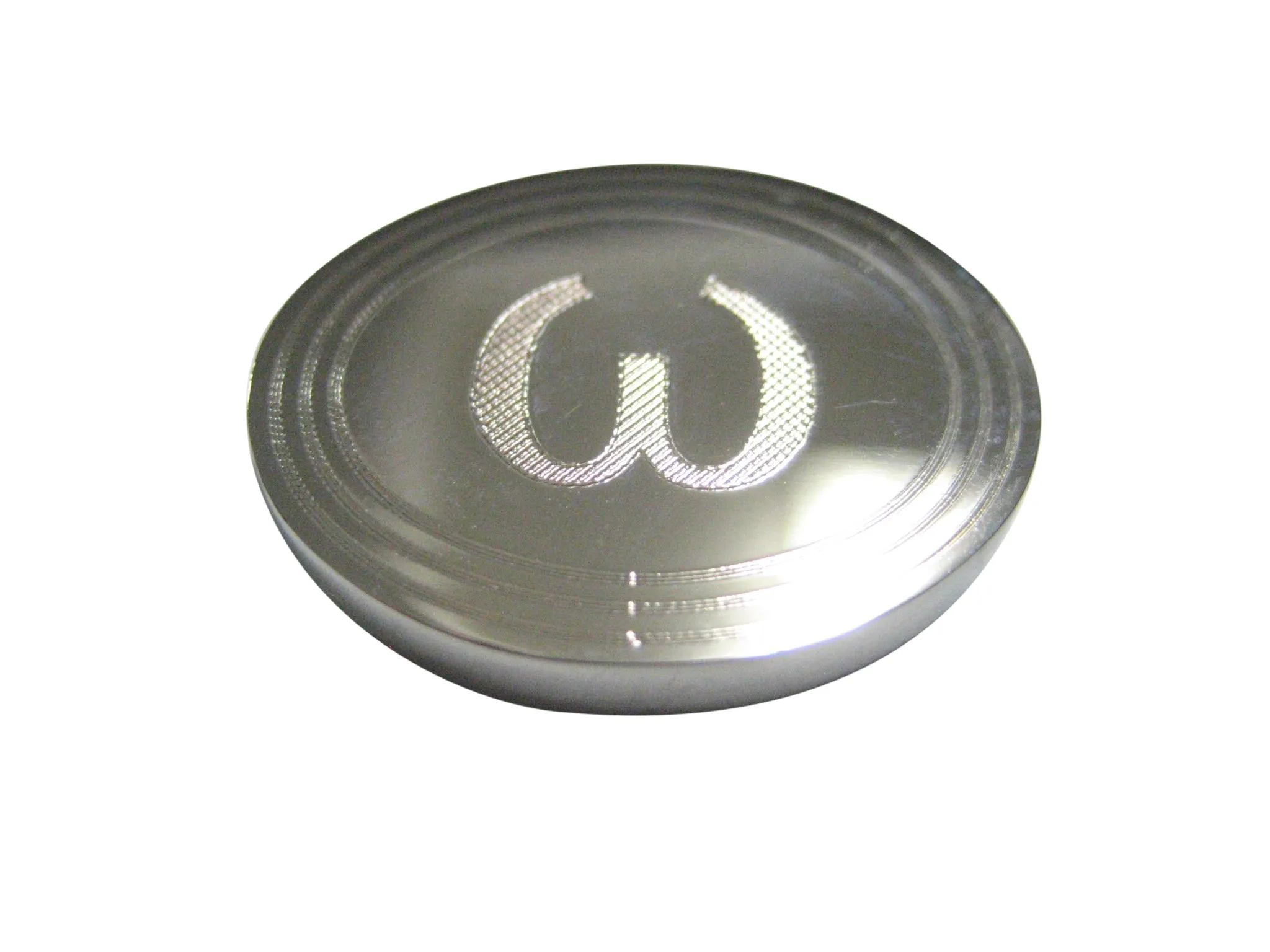 Silver Toned Etched Oval Greek Lowercase Letter Omega Pendant Magnet