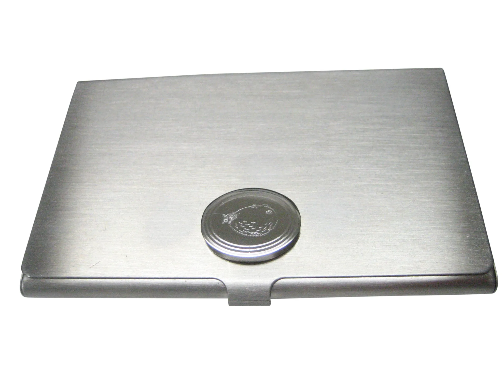 Silver Toned Oval Etched Blowfish Fugu Puffer Fish Business Card Holder