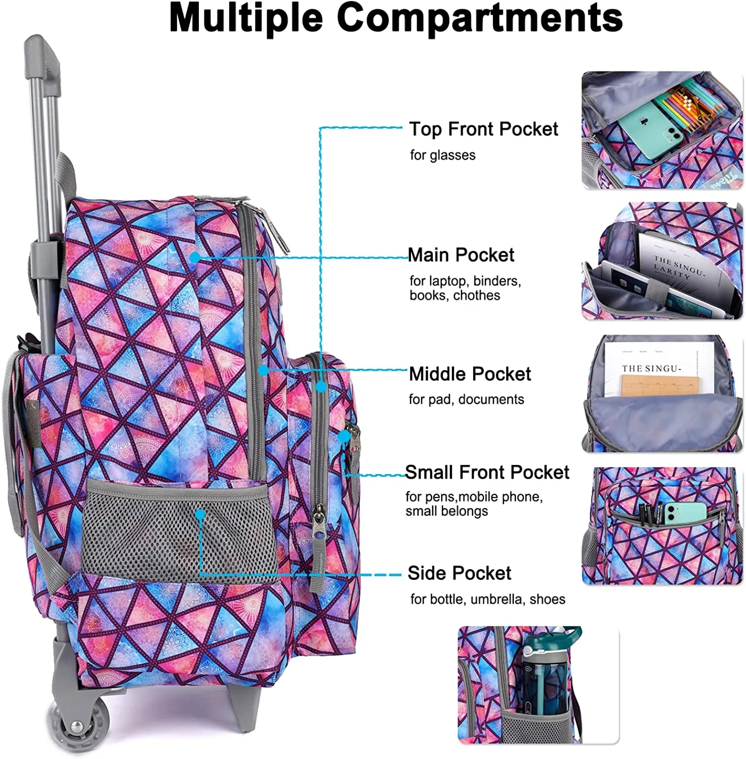 Tilami Triangle Purple 18 Inch Kids Rolling Backpack Matching Lunch Box