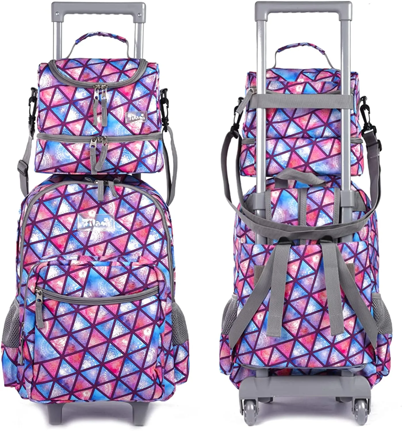 Tilami Triangle Purple 18 Inch Kids Rolling Backpack Matching Lunch Box