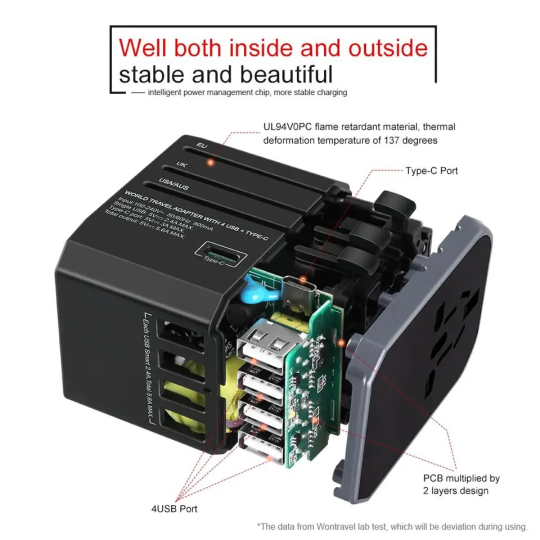 Travel Adapter with 4 USB ports & 1 USB-C port