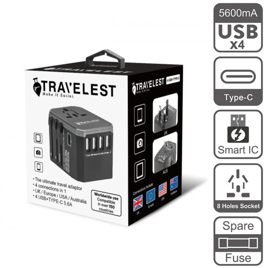 Travel Adapter with 4 USB ports & 1 USB-C port