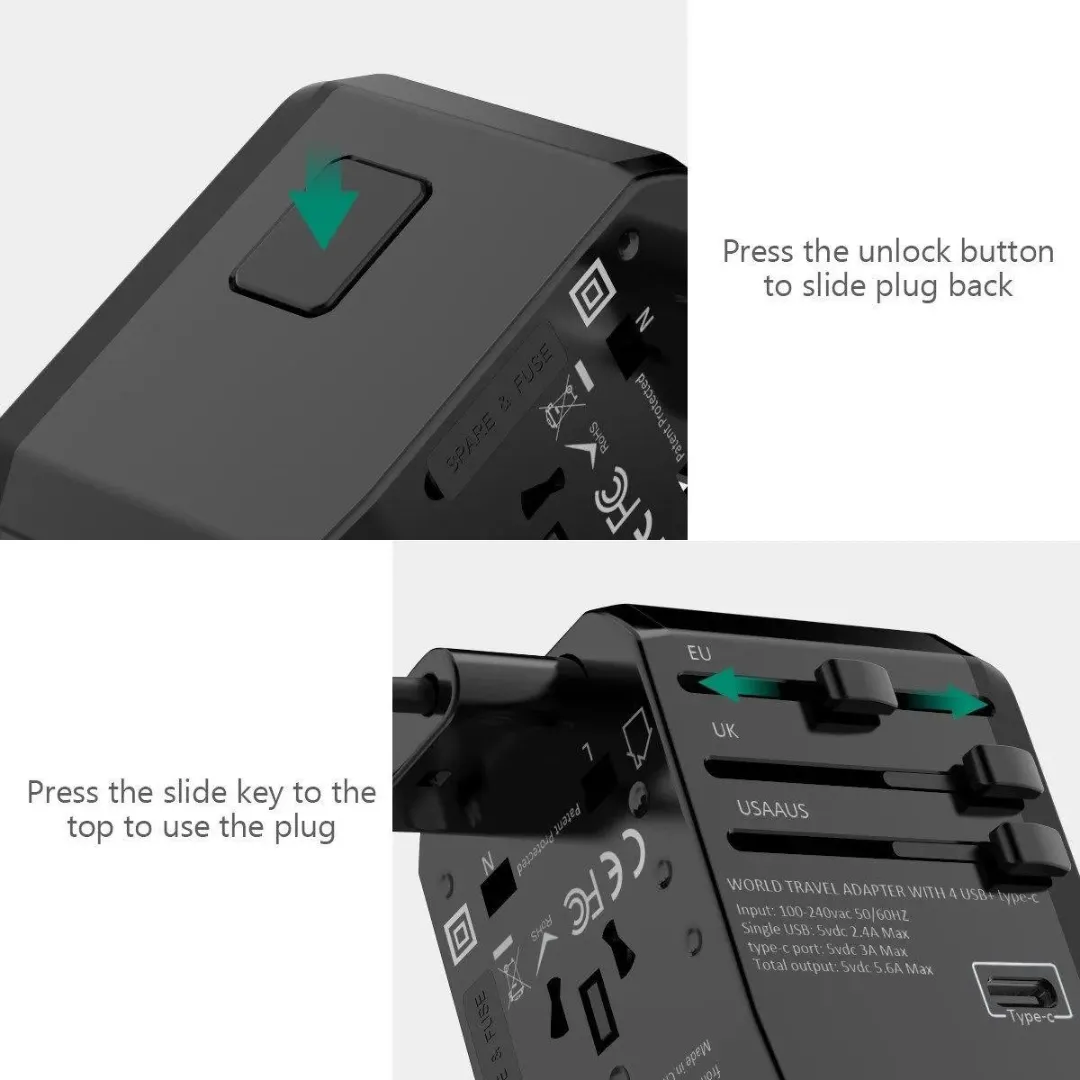 Travel Adapter with 4 USB ports & 1 USB-C port