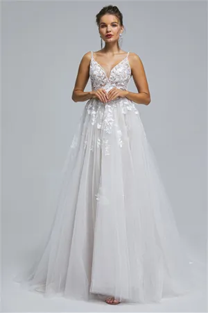 Tulle A-line Sheer Straps V-neck Applique Floor-length Sleeveless Wedding Dress Cover
