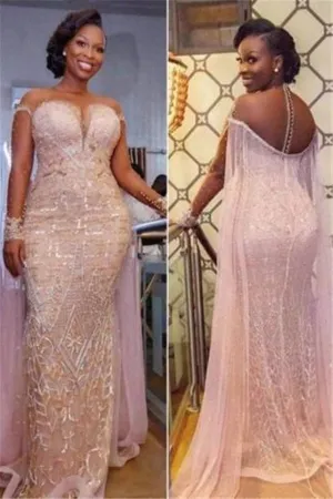 Unique Illusion neck Sparkle Beaded Mermaid Plus size Evening Dress