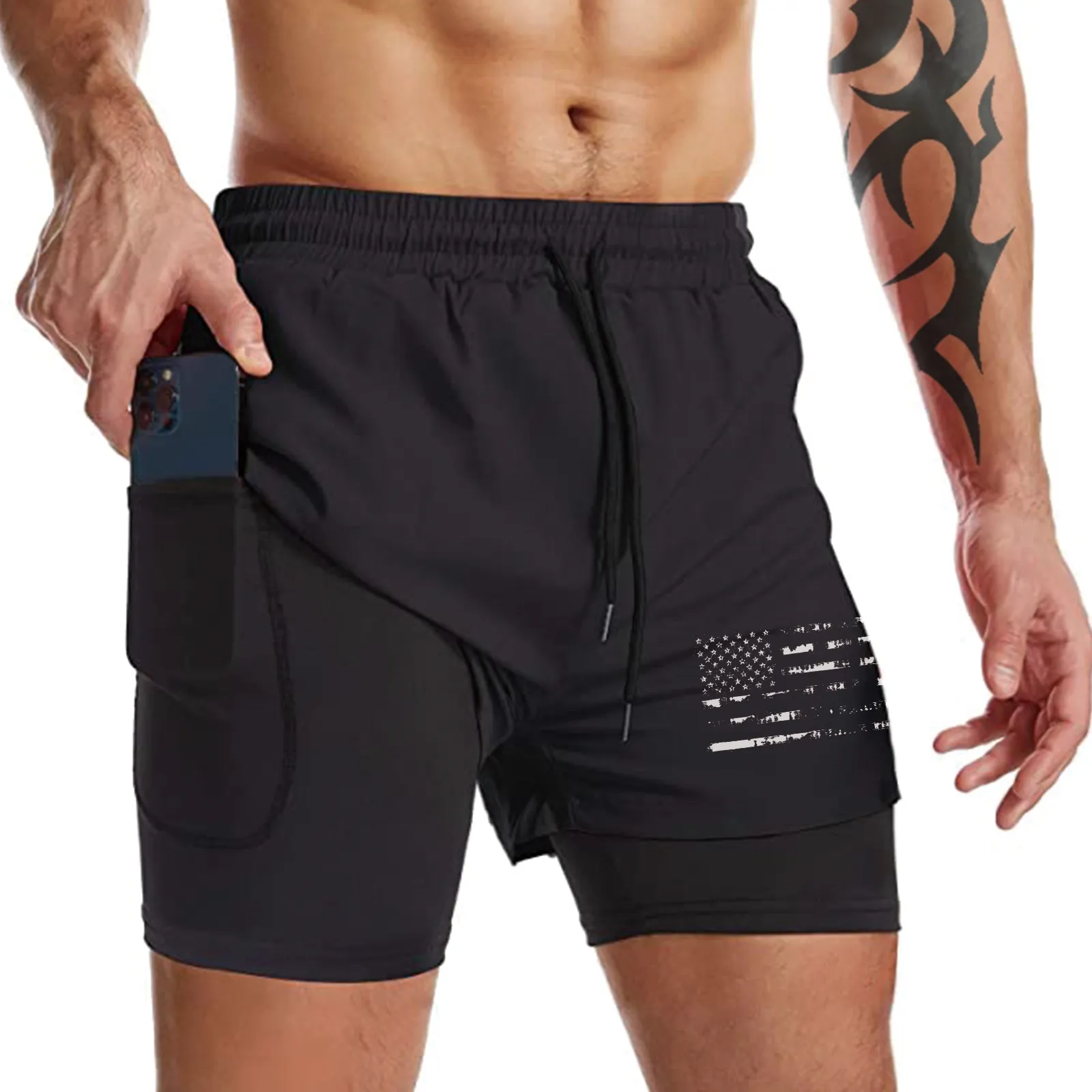 USA FLAG QUICKDRY POCKET 2 IN 1 7'' INSEAM RUNNING SHORTS