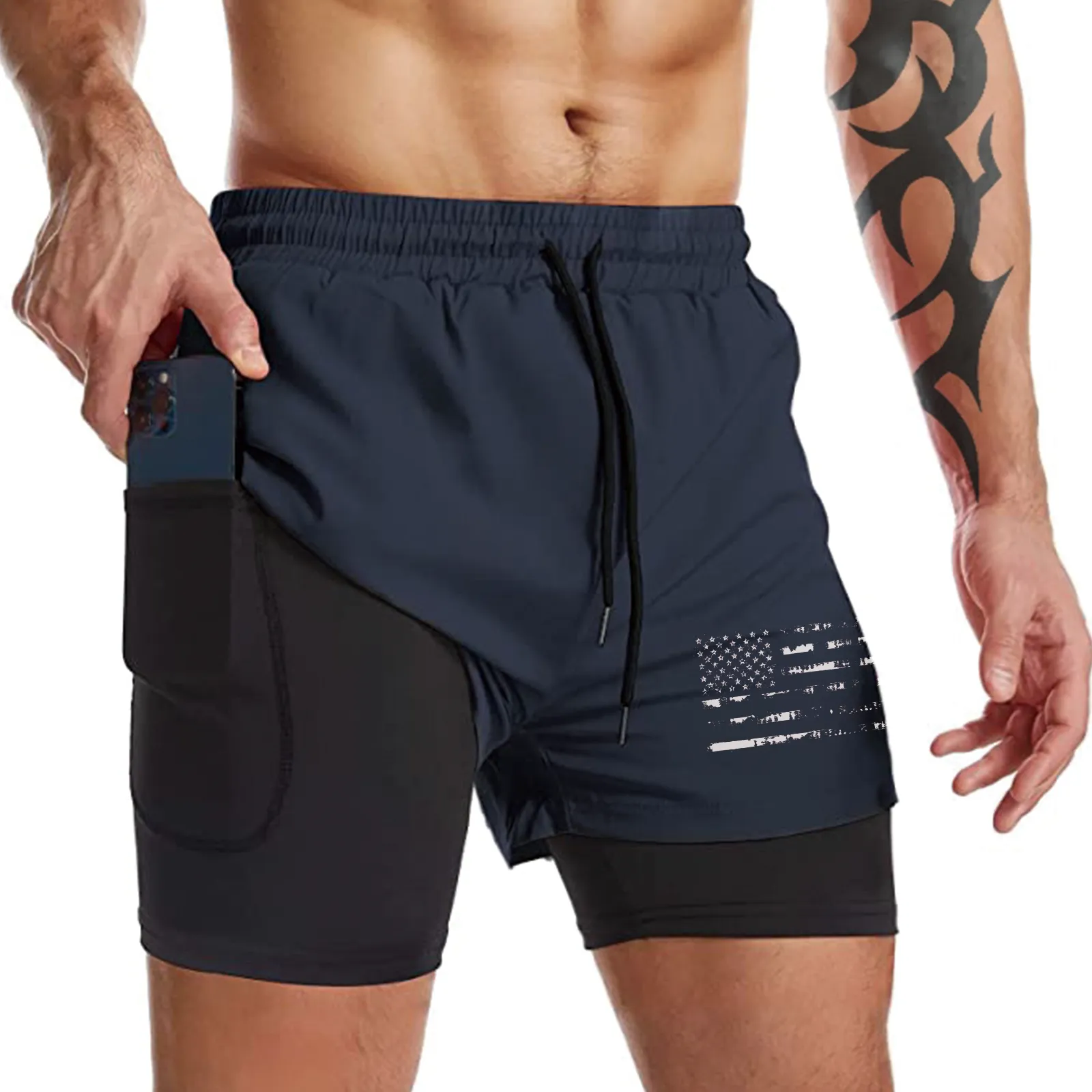 USA FLAG QUICKDRY POCKET 2 IN 1 7'' INSEAM RUNNING SHORTS
