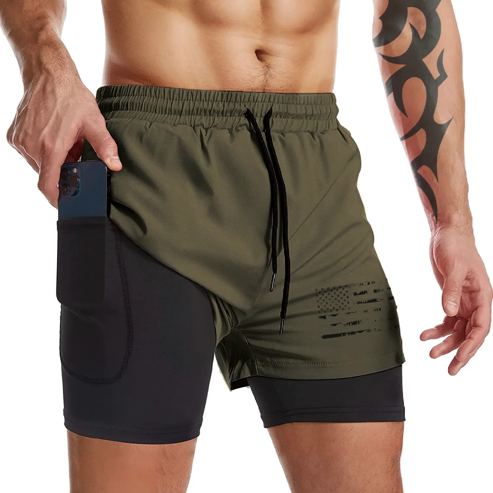 USA FLAG QUICKDRY POCKET 2 IN 1 7'' INSEAM RUNNING SHORTS