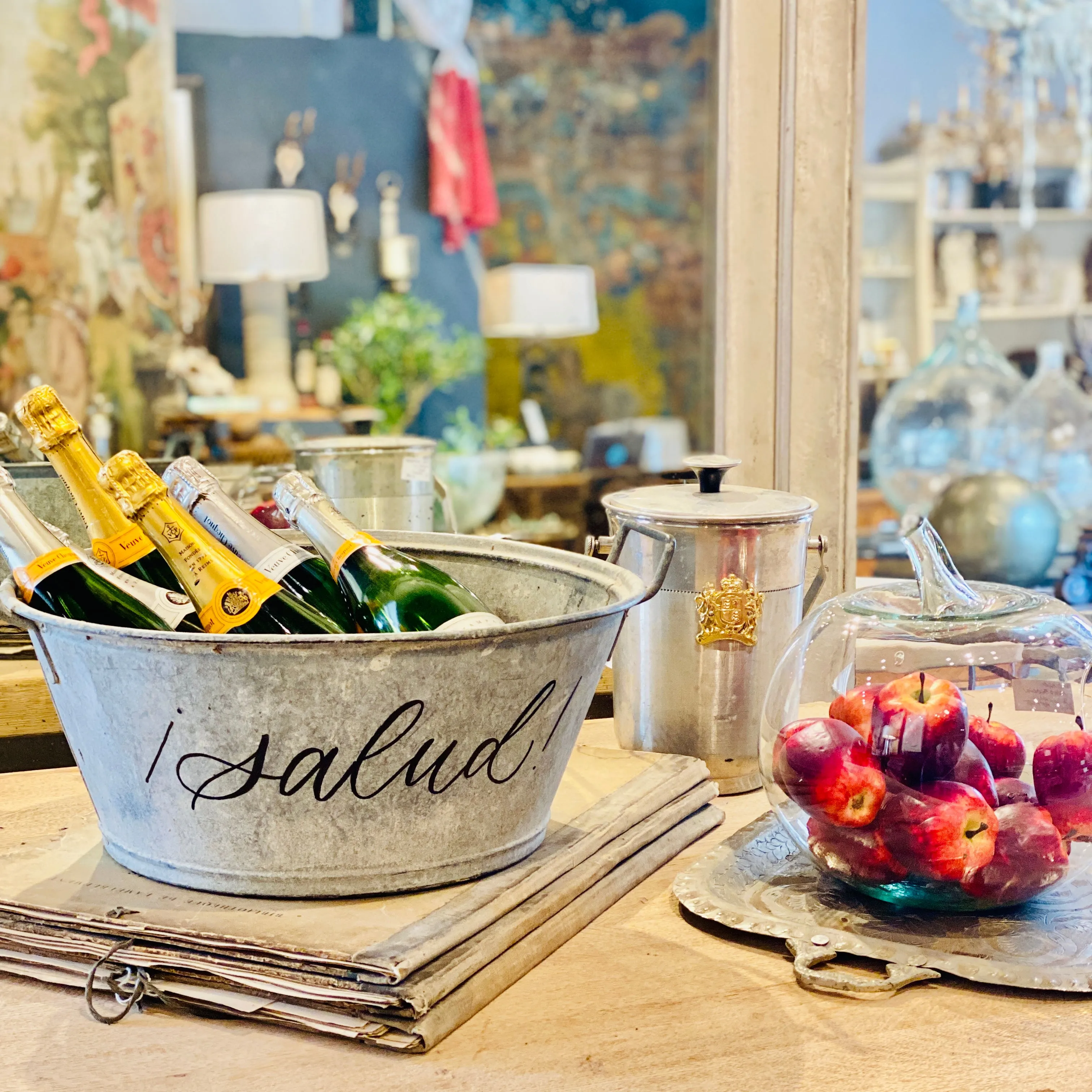Vintage French Zinc Bucket with Custom "Salud" Calligraphy