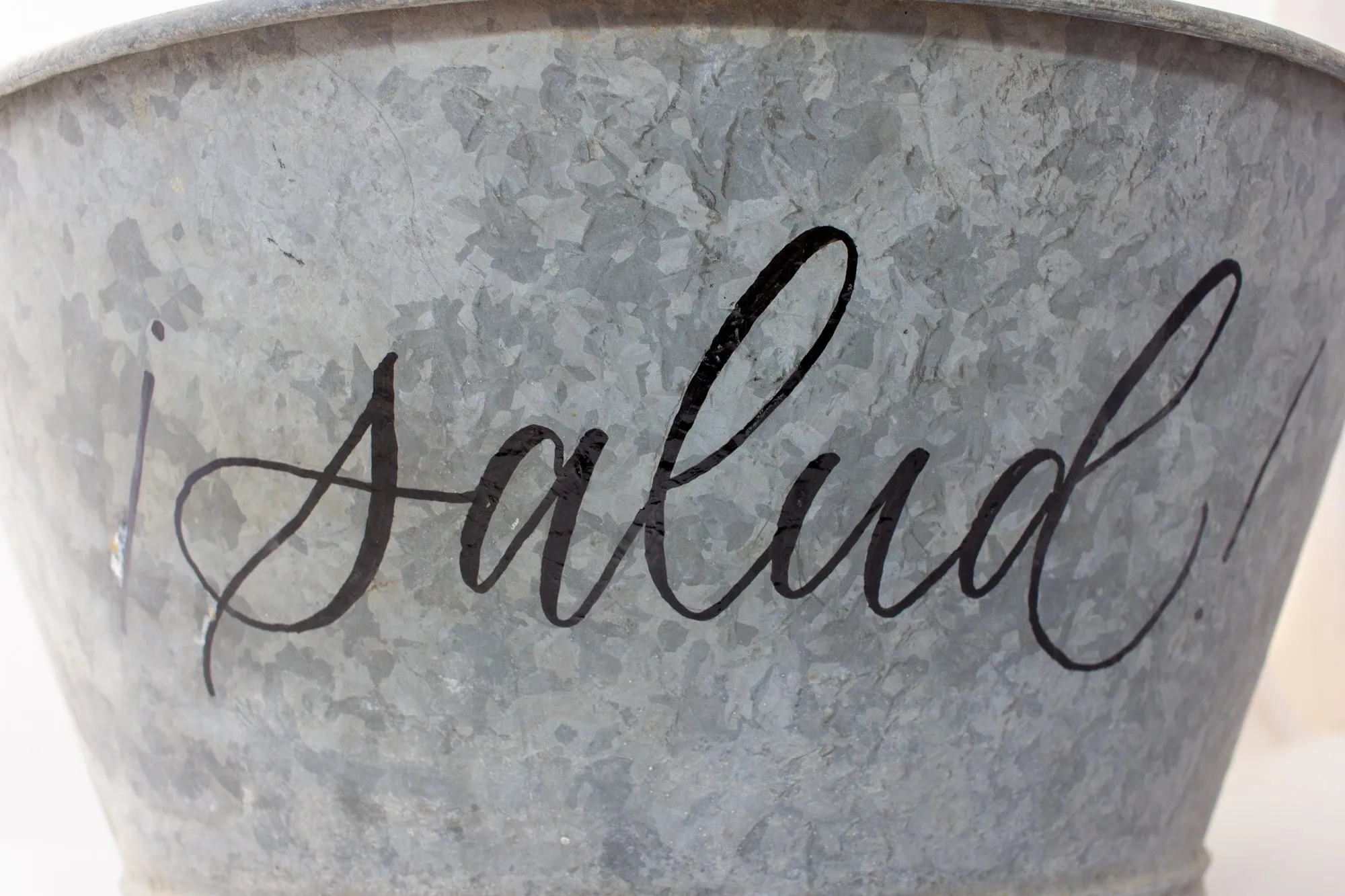 Vintage French Zinc Bucket with Custom "Salud" Calligraphy