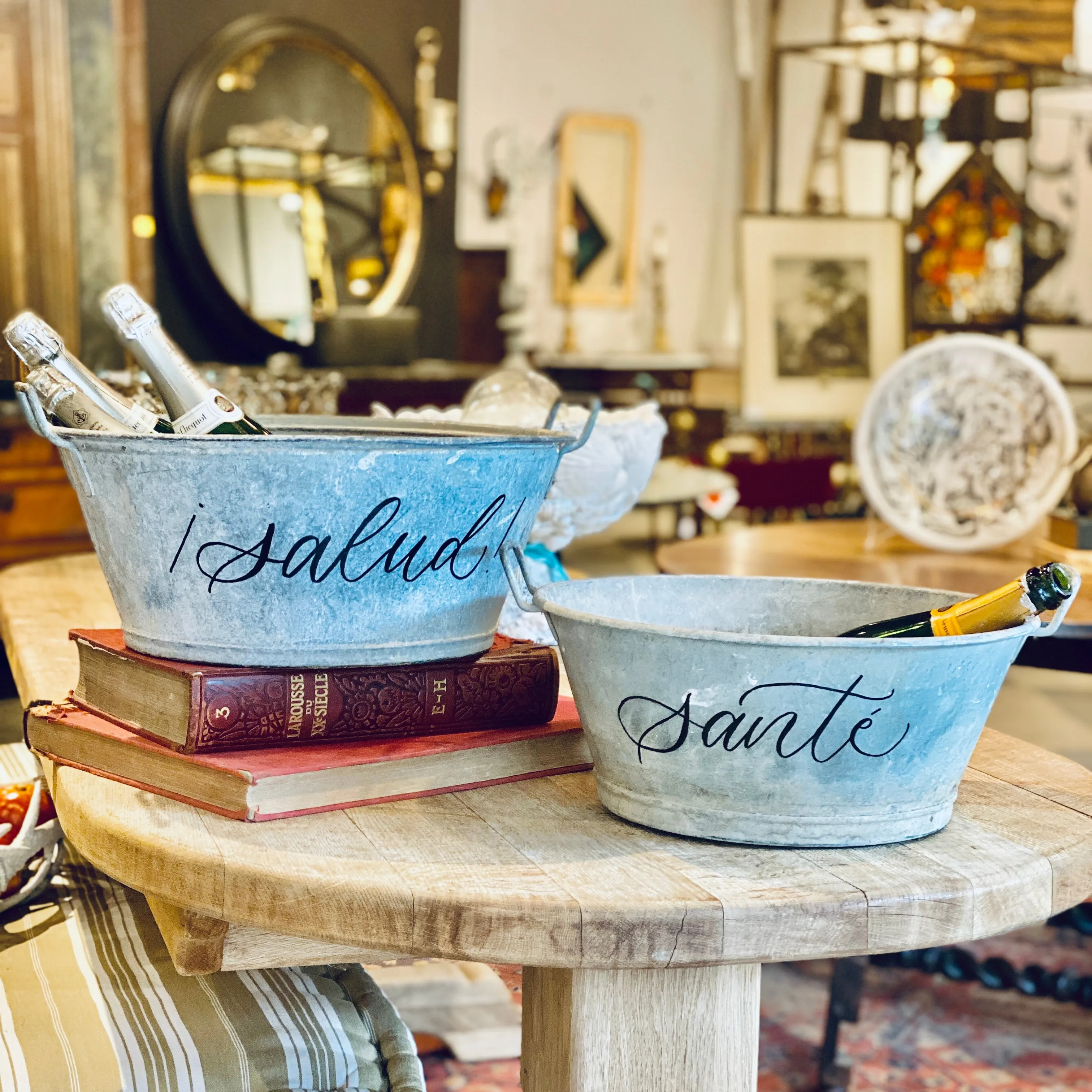 Vintage French Zinc Bucket with Custom "Salud" Calligraphy