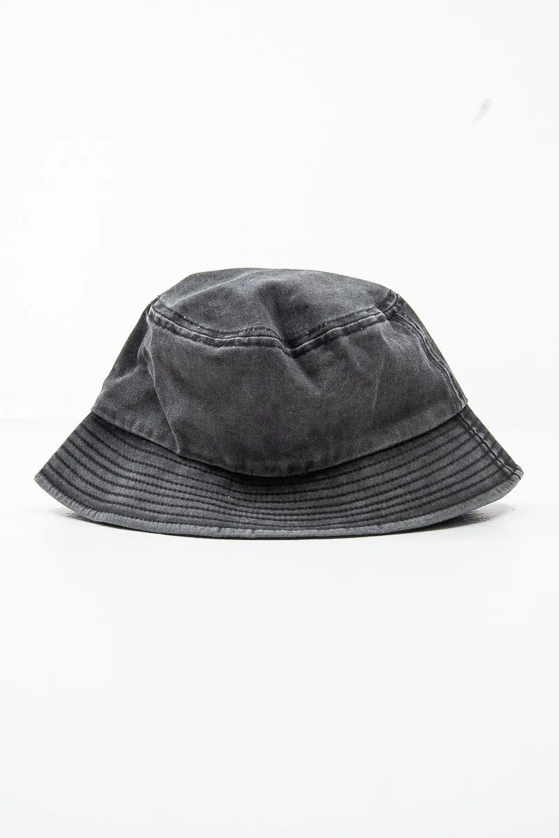 Washed Black Denim Stitch Detail Bucket Hat - Gabriela