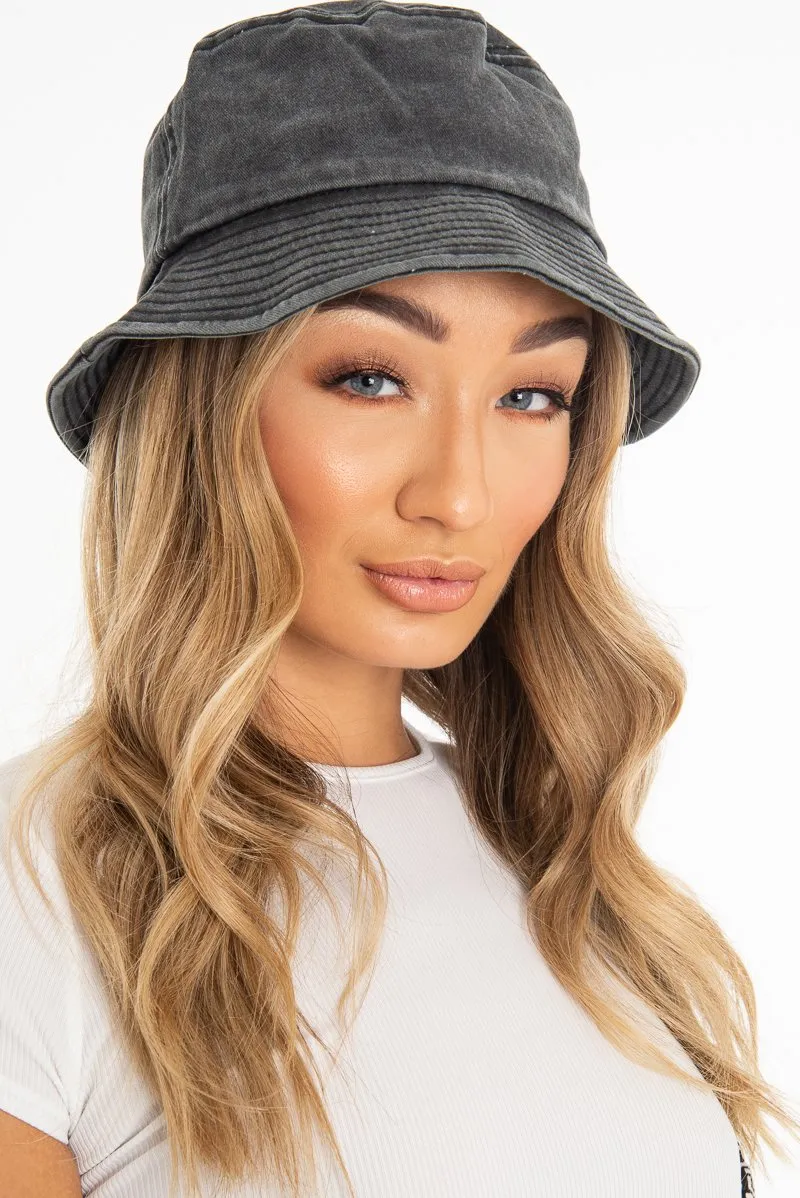 Washed Black Denim Stitch Detail Bucket Hat - Gabriela