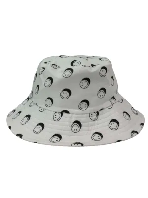 White Smiley Pattern Bucket Hat