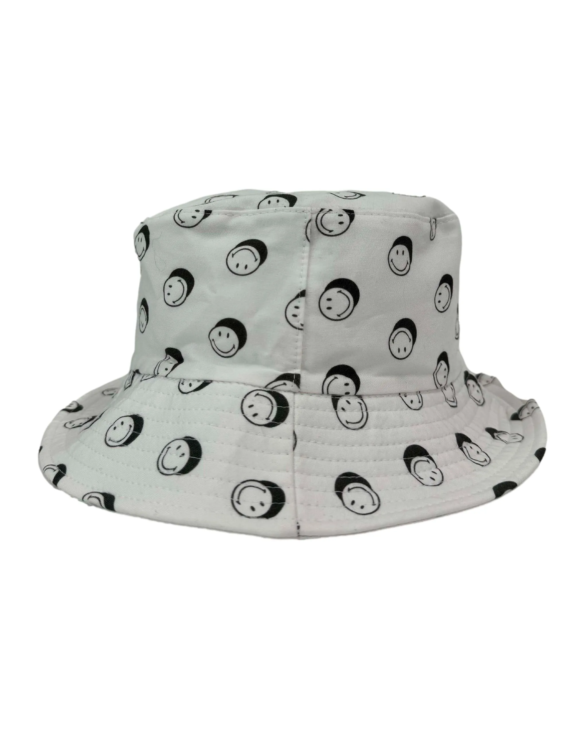 White Smiley Pattern Bucket Hat